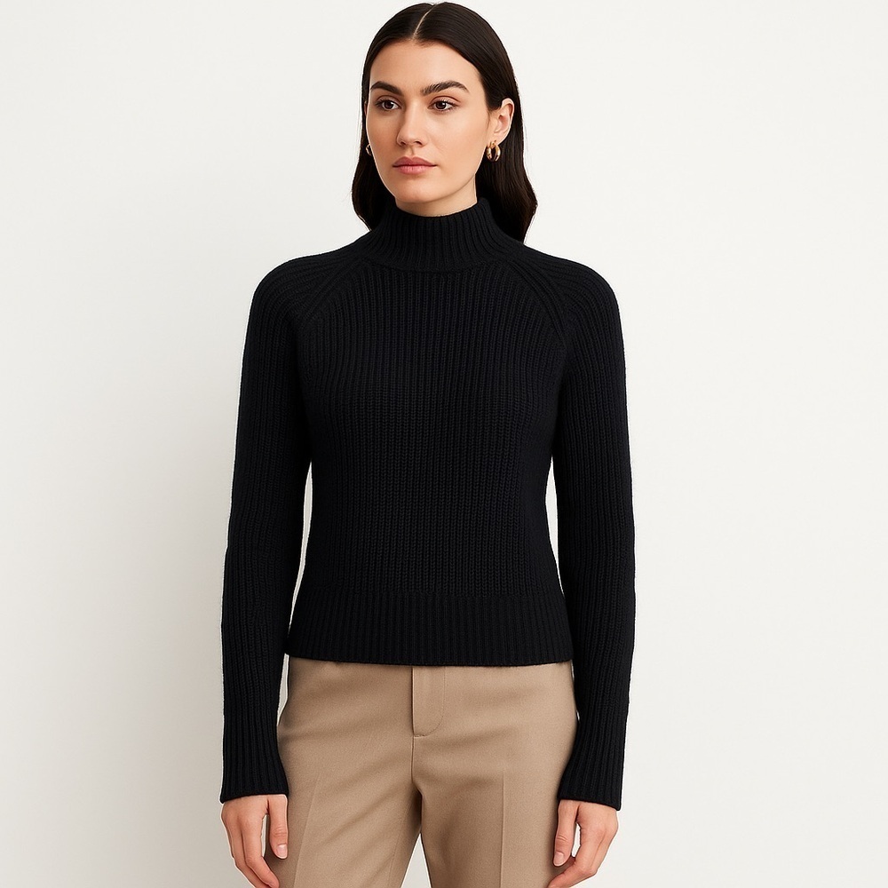 Kookai Wool Cashmere Rib Knit Mock Neck Sweater Black Minimalist Core 0